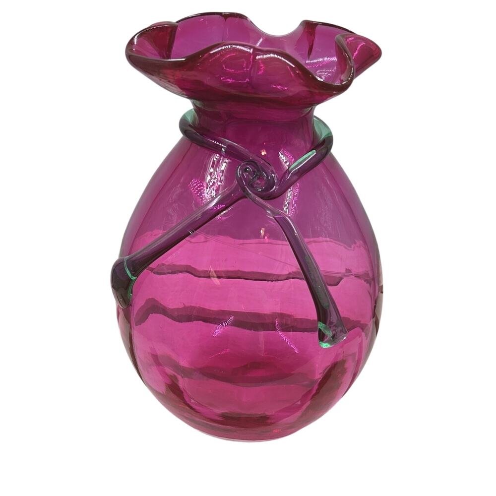 Pink & Green Art Glass Vase, Ruffled Rim, Glossy